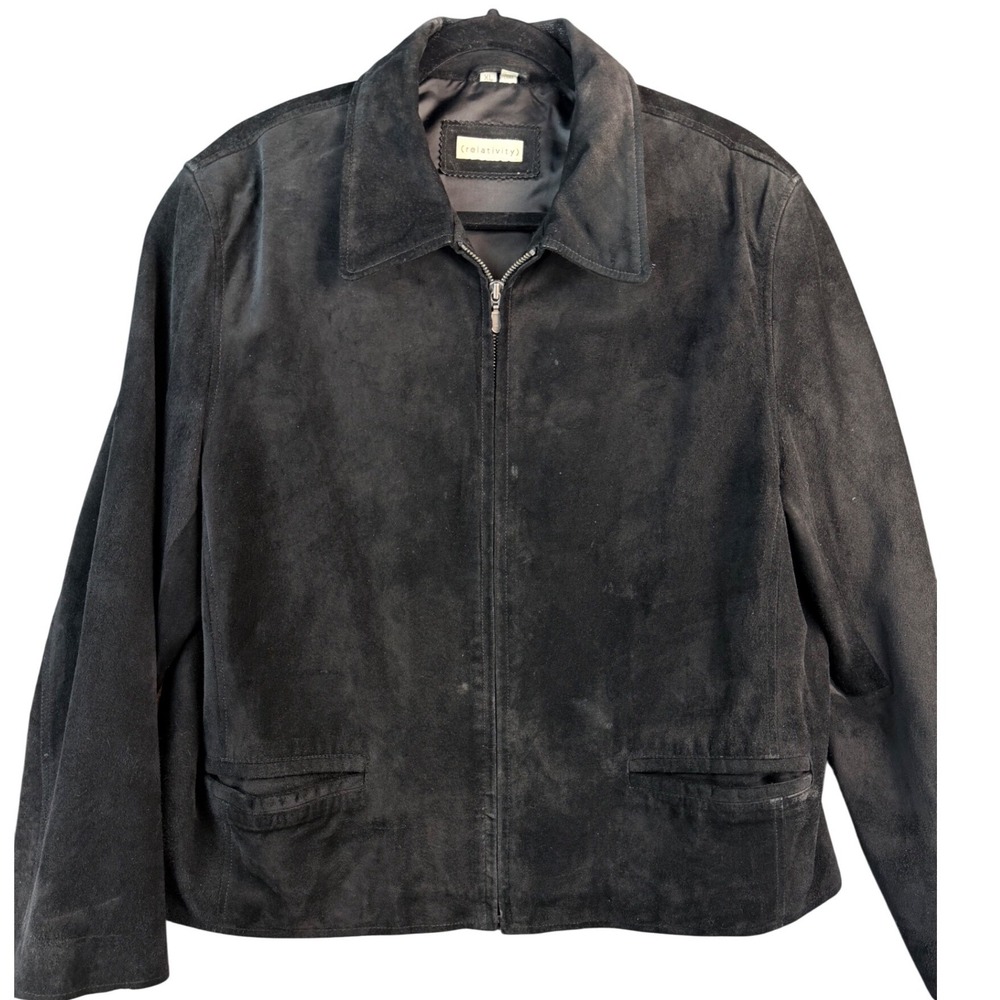 Relativity Black Genuine Leather Suede Zip Up Jacket Womens XL Solid Minimalist